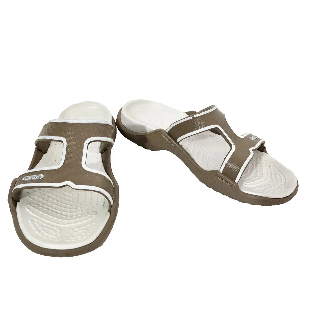Crocs Women’s Cleo III T Strap Comfort Sandals Slip On Casual White Taupe Size 8